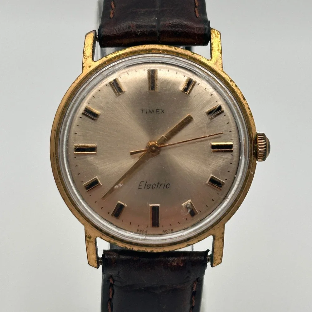 Vtg Timex Electric Mens Watch Gold Tone Champagne Dial Brown Leather FOR REPAIR